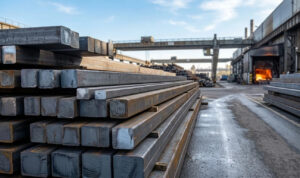Neatly stacked prime square steel billets, possibly 3SP or 5SP grades, at an industrial port storage yard. The metal shows realistic industrial oxidation texture. Background features blurred gantry cranes under a blue sky.