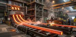 A high-resolution photograph capturing molten steel billets emerging from a continuous casting machine, illustrating the core steel billet manufacturing process in a professional foundry environment.