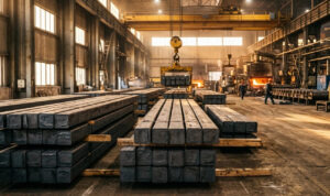 Professional real-world photo of a steel billet stockyard featuring neatly stacked 12m square steel billets with specific Steel Billet Dimensions ready for ASTM G48 pitting verification.