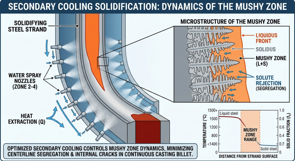 A technical illustration showing secondary cooling solidification kinetics in continuous casting billet production. It details the dynamics of the mushy zone (L+S), dendritic crystal growth, water spray heat extraction (Q), solute rejection segregation, and temperature profiles required to prevent centerline porosity.