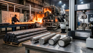 Quality control lab featuring a microscope and tensile tester for verifying AISI 1045 steel mechanical properties against industrial steel billet sourcing standards.