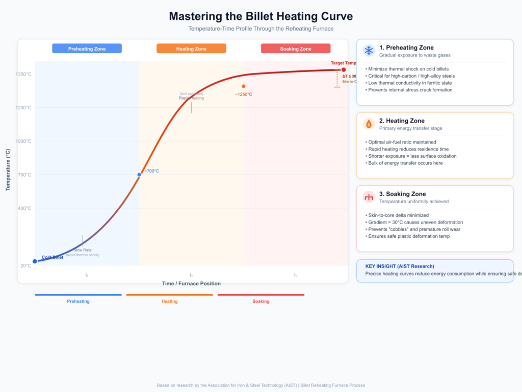 Infographic showing a steel billet heating curve across three furnace zones — Preheating, Heating, and Soaking — with a temperature-time chart and key process parameters for each stage.