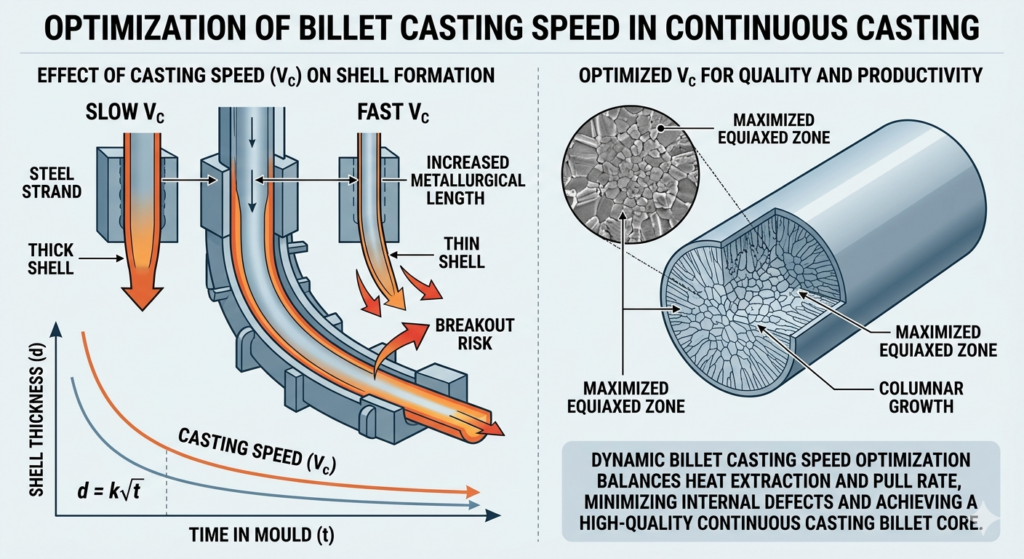 A technical illustration comparing the effect of slow vs. fast casting speed (Vc) on continuous casting billet shell formation and metallurgical length. It includes graphs for solidification thickness (d=k√t), details equiaxed zone maximized microstructure, and highlights breakout risk due to thin shells.