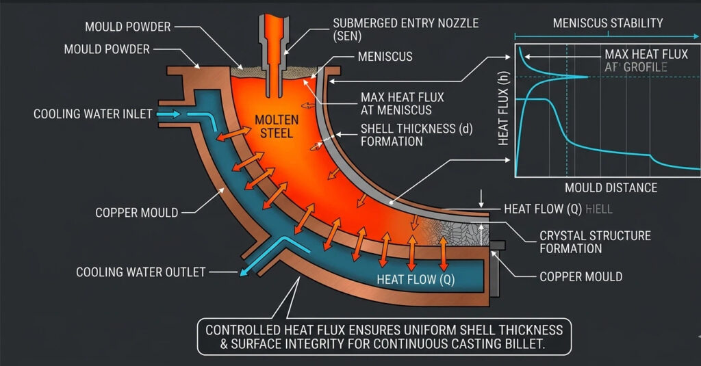 A technical illustration cross-section of a continuous casting billet mould, showing primary cooling zone heat flux optimization. It details meniscus stability, initial shell formation (d), crystal structure formation, mould powder oscillation, and a graph plotting heat flux (h) vs mould distance.