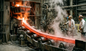 A high-quality, authentic photograph captured on the factory floor of a working continuous casting billet machine (CCM). It focuses on the red-hot steel strand moving through the heavy mechanical guiding and cooling rollers during the solidification process, showcasing industrial engineering precision.