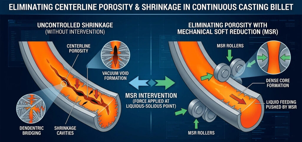 A technical schematic illustrating dynamic mechanical soft reduction technology in continuous casting billet production. It details uncontrolled centerline porosity and shrinkage on the left, vs the elimination of porosity through intervention, dendritic bridging, void formation, and the MSR roller force applied at the final point of solidification for a void-free dense core.