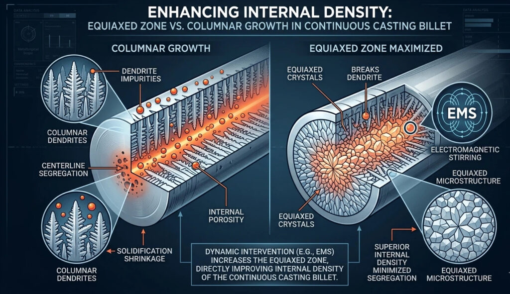 A high-resolution metallurgical diagram comparing columnar dendritic growth and minimized equiaxed zone on the left, vs maximizing the equiaxed zone with superior internal density on the right, achieved through EMS (Electromagnetic Stirring) intervention in continuous casting billet production. It details segregation porosity and microstructure.