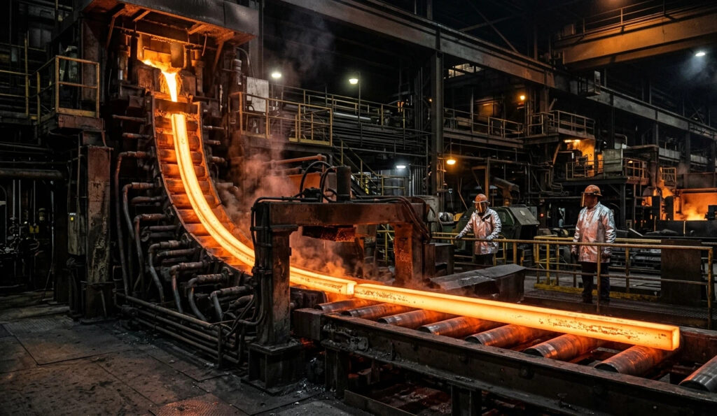 A dramatic view of glowing-hot steel billets moving through a continuous casting machine in a modern steel mill, representing high-volume industrial steel billet sourcing capabilities.