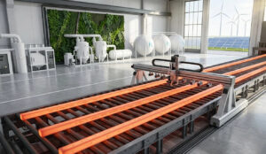 Automated production line casting low-carbon green steel billets with hydrogen storage tanks and wind turbines in a sustainable smart factory.