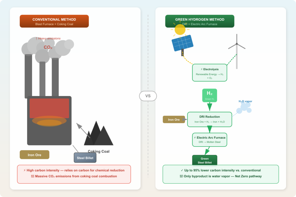 Side-by-side comparison of conventional blast furnace steelmaking with coking coal and green hydrogen-based DRI plus electric arc furnace steelmaking, showing input materials, byproducts, and a 95% lower carbon intensity claim.