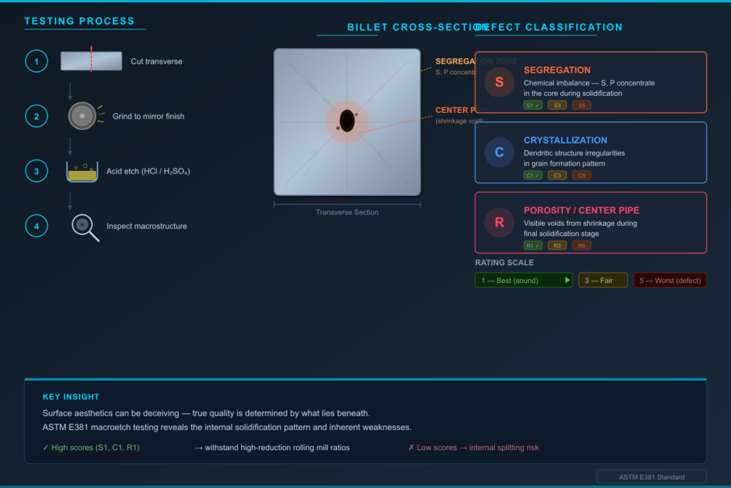 ASTM E381 macroetch testing steel billet cross-section showing segregation (S), crystallization (C), and porosity (R) defect classification with rating scale