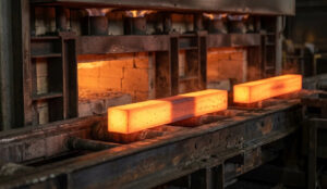 A detailed, hyper-realistic close-up photograph of five heavy-duty mini excavator attachments, including an auger drive, brush cutter, narrow trenching bucket, hydraulic breaker, and a hydraulic thumb mechanism, resting on wooden supports in a clean industrial stockyard at sunset. No text or logos are visible.