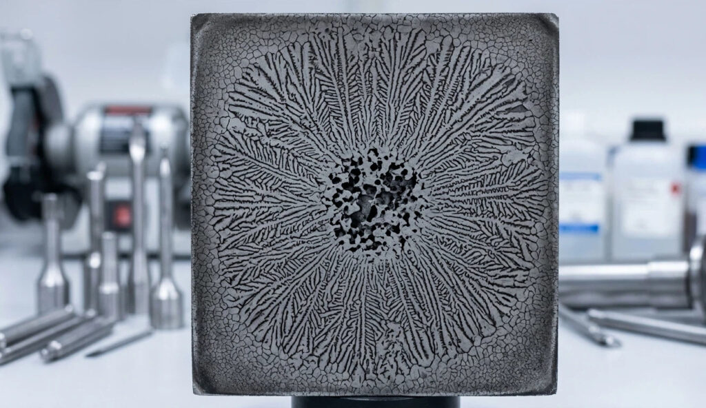 Macro-etched cross-section of a continuous cast steel billet showing a prominent dendritic solidification pattern and center porosity according to ASTM E381 standards.
