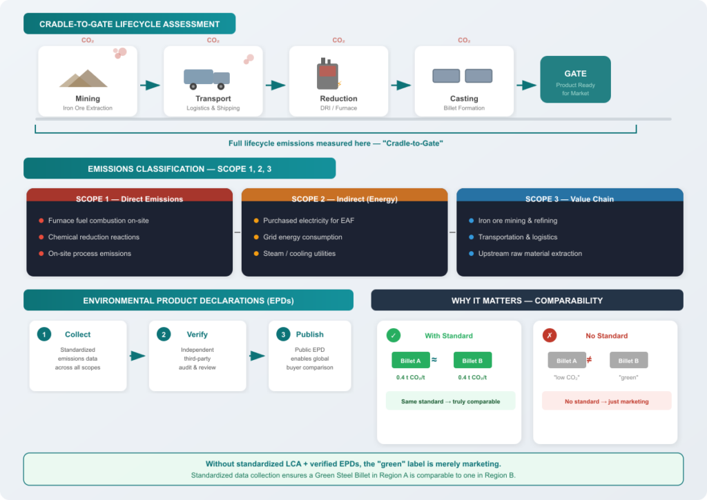 Infographic showing the cradle-to-gate lifecycle assessment of steel billet production across four stages (mining, transport, reduction, casting), emissions classified into Scope 1, 2, and 3, the EPD verification process (collect, verify, publish), and a comparison of standardized vs. unstandardized green labeling.