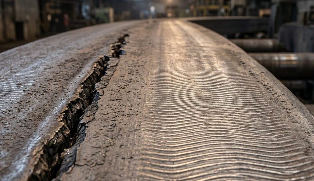 Close-up comparison on a steel billet surface showing a deep longitudinal crack on the left versus regular, healthy mold oscillation marks on the right, used for steel billet quality inspection.