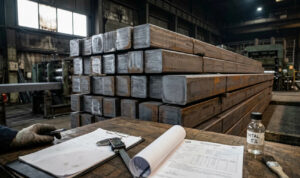 An industrial quality control setting featuring stacks of square steel billets, a digital caliper, and a Mill Test Certificate (MTC) on a wooden workbench for quality verification.