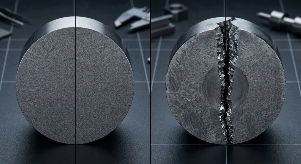 Metallurgical analysis comparing a clean 42CrMo4 steel cross-section versus a failed part showing severe quenching crack due to thermal stress during heat treatment.