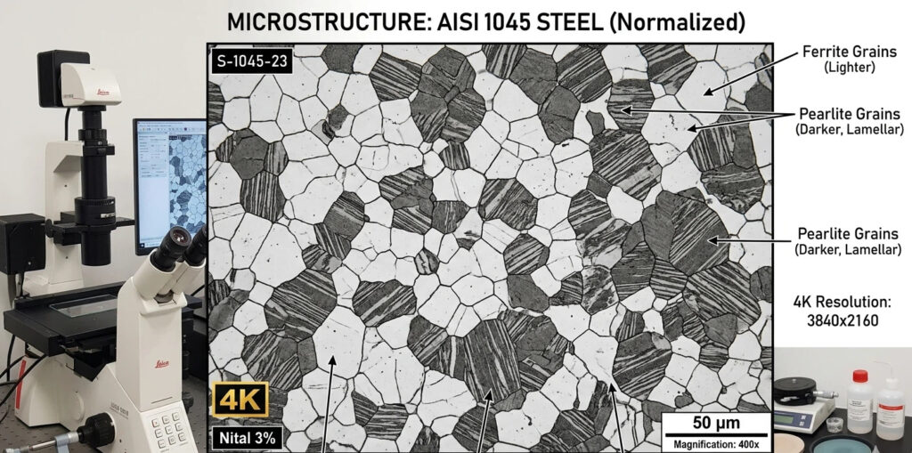 Microstructure of normalized AISI 1045 steel at 400x magnification, showing light ferrite grains and dark lamellar pearlite colonies with clear grain boundaries.