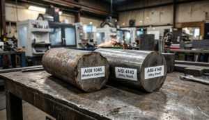 A technical comparison of AISI 1045 medium carbon steel and AISI 4140 alloy steel billets on a workshop workbench, showcasing surface textures for metal forging and machining.