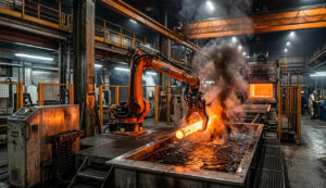 A robotic arm performing automated 1045 steel heat treatment by transferring a glowing AISI 1045 shaft into an oil quenching tank in a modern industrial plant.