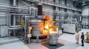 Electric Arc Furnace tapping molten steel into a ladle at a low-carbon emission steel plant, illustrating high-purity quality control in billet manufacturing.