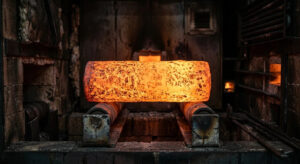 A glowing hot steel billet after induction heating inside an industrial heat treatment furnace for forging, with detailed metal surface texture and a dark brick chamber.