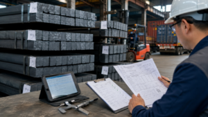 Steel billet supplier quality check with inspection documents and warehouse stock