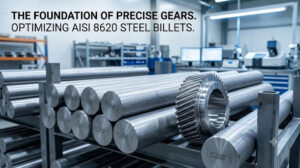 Cylindrical AISI 8620 steel billets on a storage rack next to a finished precision spur gear in a metallurgy testing lab.