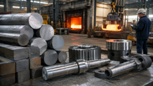 Alloy steel billet for heavy machinery parts with forged shafts gears and heat treatment