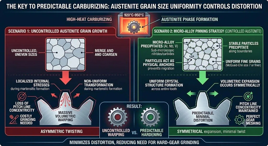 Diagram comparing uncontrolled austenite grain growth warping with micro-alloy pinning for predictable gear distortion.