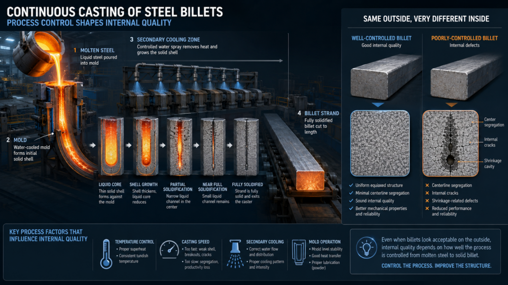 Billet casting internal structure diagram showing molten steel solidification, secondary cooling, billet strand formation, and internal defects in poorly controlled continuous cast steel billet