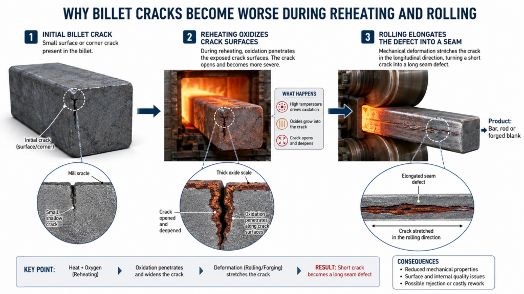 Diagram showing how billet cracks worsen during reheating and rolling