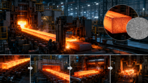Continuous cast steel billet cover image showing billet cutting, reheating, rolling, forging, and internal steel structure
