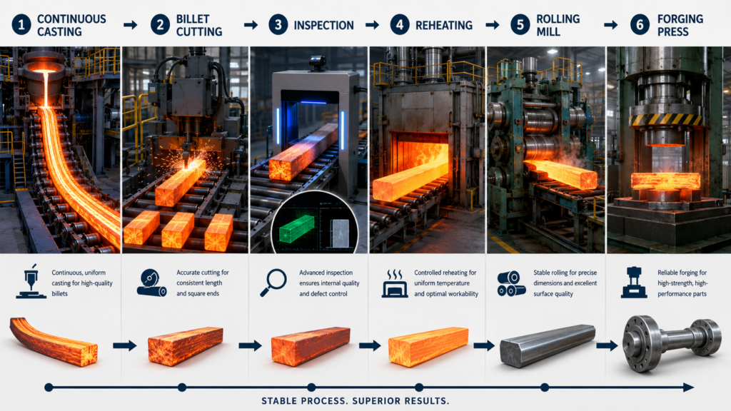 Continuous cast steel billet process from continuous casting and billet cutting to inspection, reheating, rolling mill, and forging press