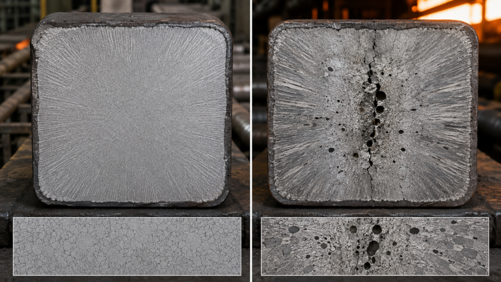 Continuous cast steel billet quality comparison showing uniform internal structure versus center segregation, internal cracks, and inclusions