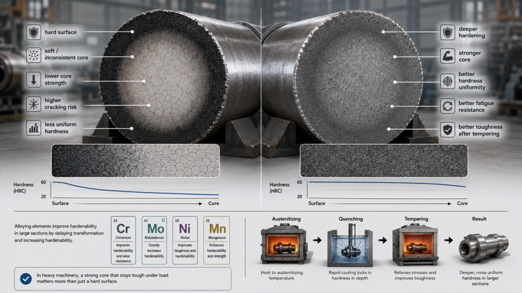 Hardenability comparison of alloy steel billet showing surface hardness and core strength