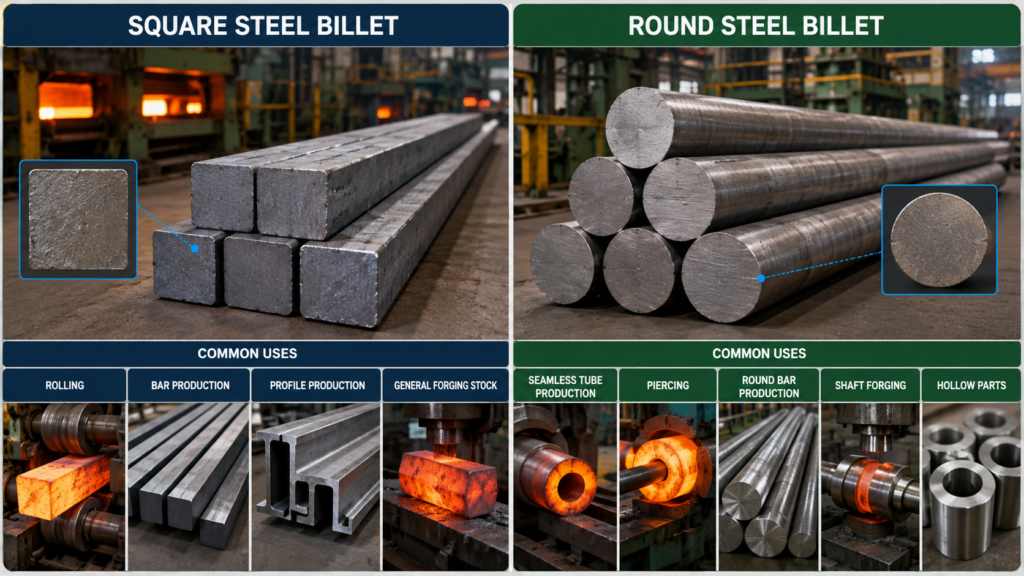 Square steel billet and round steel billet comparison showing cross-section shapes and common uses in rolling, bar production, forging, seamless tube production, piercing, and shaft forging