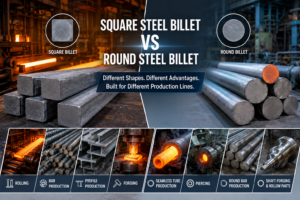 Square steel billet vs round steel billet comparison showing billet shape selection for rolling, bar production, forging, seamless tube production, piercing, and round bar applications