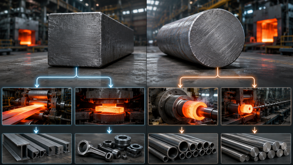 Square steel billet vs round steel billet comparison showing cross sections and production routes for rolling, forging, bar production, and seamless tube production
