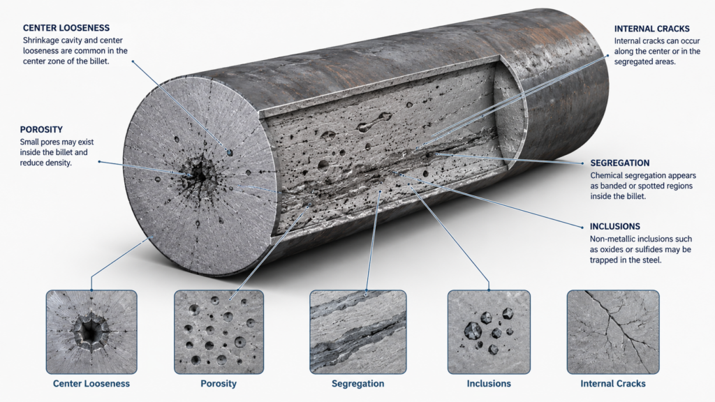 Steel billet internal defects diagram showing center looseness, porosity, segregation, inclusions, and internal cracks in a cutaway billet