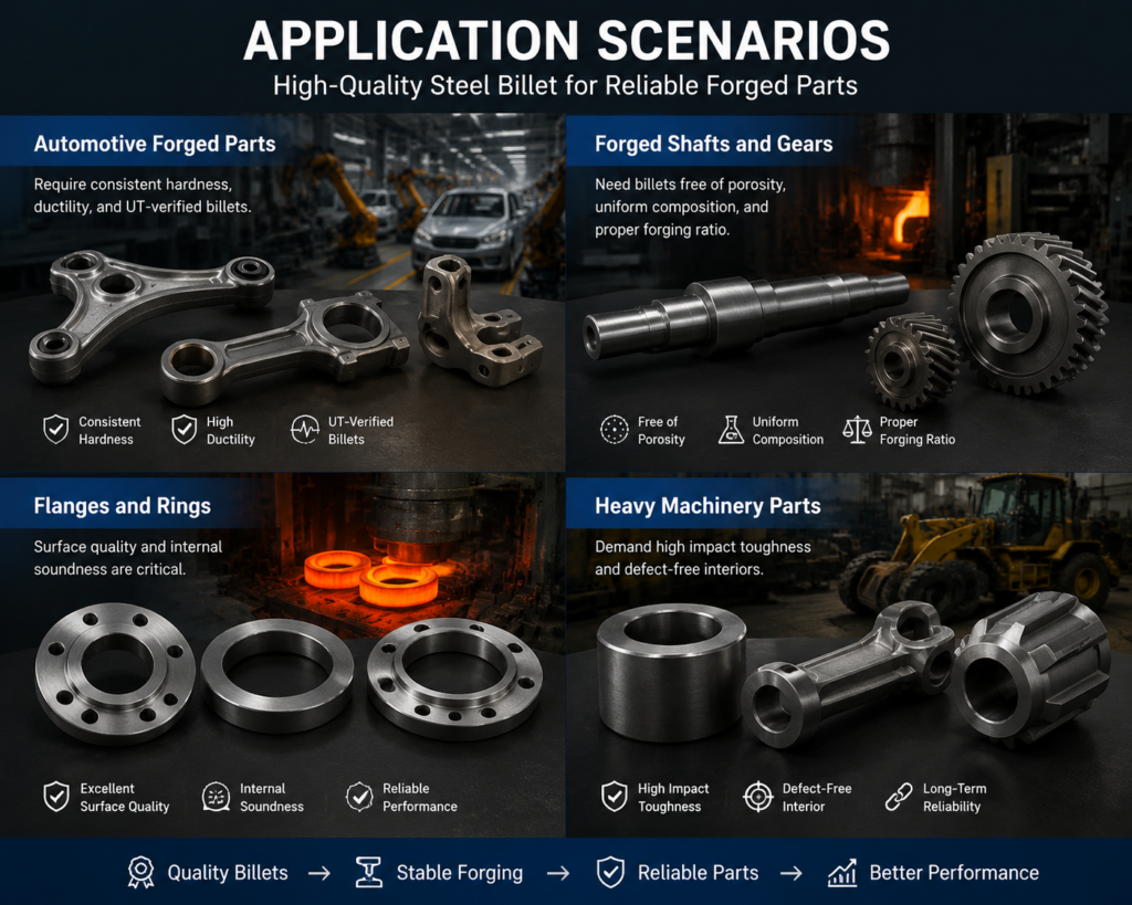 Application scenarios of steel billet for forging including automotive parts shafts gears flanges rings and heavy machinery components