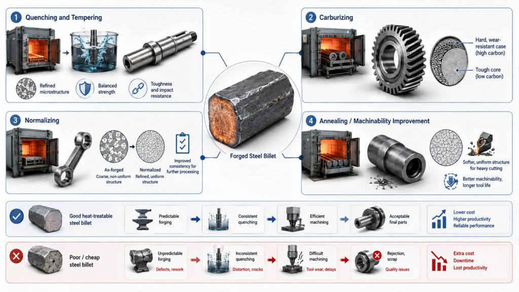 Steel billet heat treatment process comparison showing quenching tempering carburizing normalizing and annealing outcomes