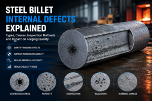 Steel billet internal defects cover image showing cutaway billet with center looseness, porosity, segregation, inclusions, and internal cracks affecting forging quality
