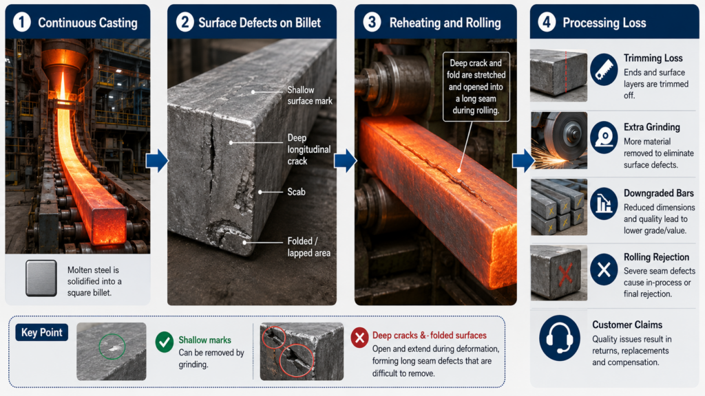 Steel billet surface defects causing rolling loss after reheating and processing