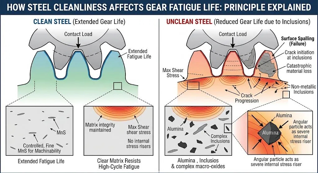Technical diagram contrasting clean steel fatigue resistance with unclean steel subsurface cracks caused by non-metallic inclusions.