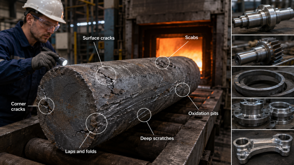 Surface quality inspection before hot forging showing a steel billet with surface cracks, scabs, laps, folds, corner cracks, deep scratches, and oxidation pits before entering the furnace