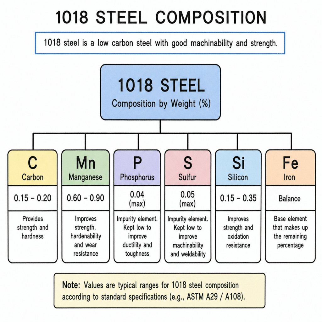 Infographic detailing the chemical composition by weight percentage of AISI 1018 low carbon steel, showing ranges for carbon, manganese, phosphorus, sulfur, silicon, and iron balance according to ASTM A29 and ASTM A108 standards.