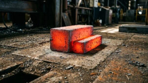 Close-up of two glowing red-hot semi-finished steel billets of different thicknesses resting on a dusty industrial steel manufacturing plant floor.