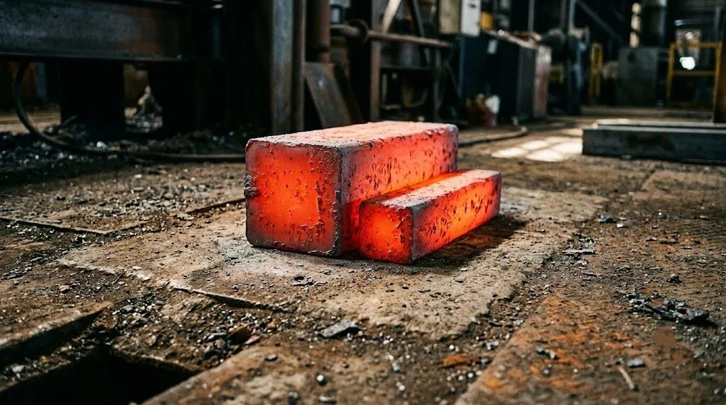 Close-up of two glowing red-hot semi-finished steel billets of different thicknesses resting on a dusty industrial steel manufacturing plant floor.