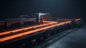 Industrial photograph of a continuous casting process in a steel plant, showing glowing orange-hot steel billets moving along a heavy-duty production line with cinematic lighting and minimalist industrial design.